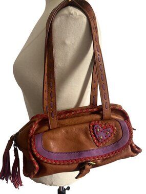 Vintage Moschino Jeans Y2K East West Bag Brown Leather Red Purple Accents